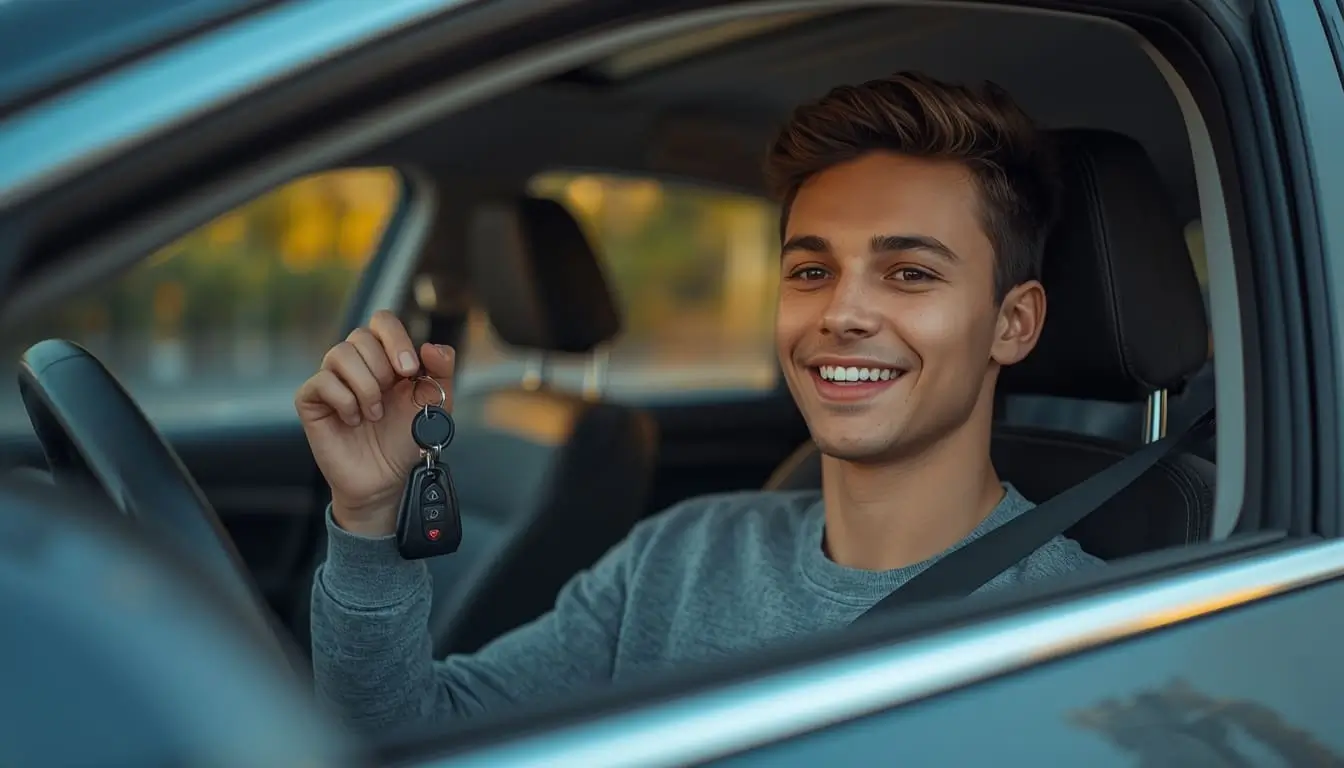 Man sitting in car holding keys after auto loan approval, checking results on smartphone