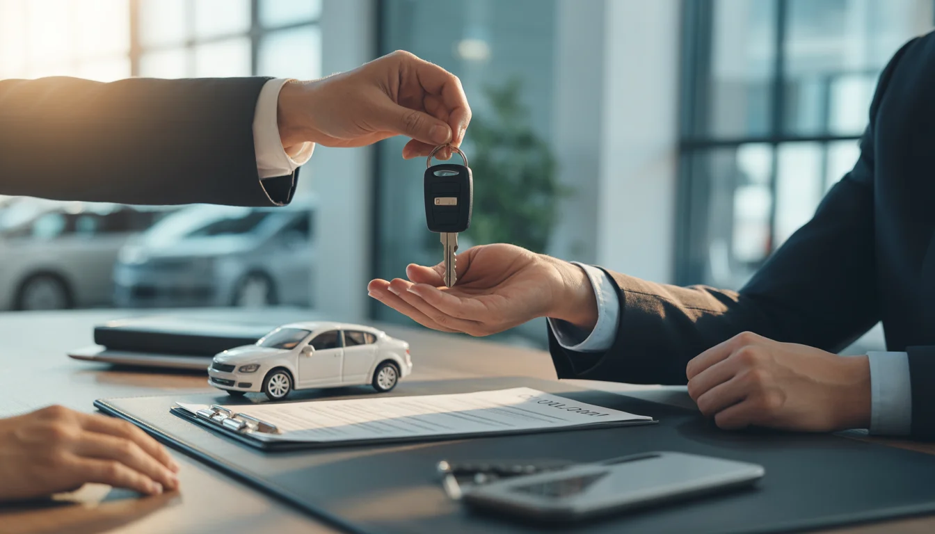 Close-up of a car key hand-off over a loan contract in a dealership.