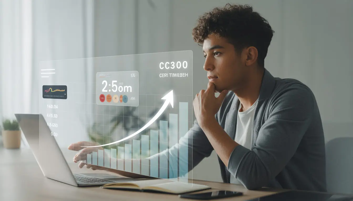 Realistic credit score and financial planning concept with person analyzing credit timeline on laptop