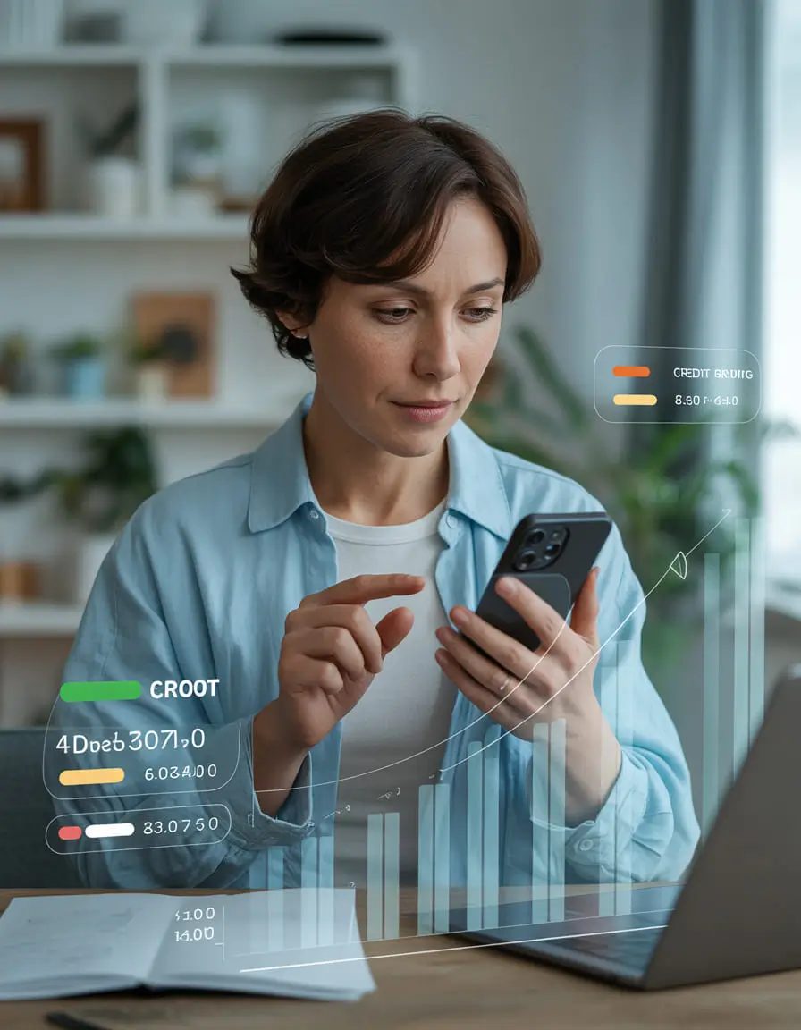 Person checking credit score and rental credit timeline on phone and laptop in modern home